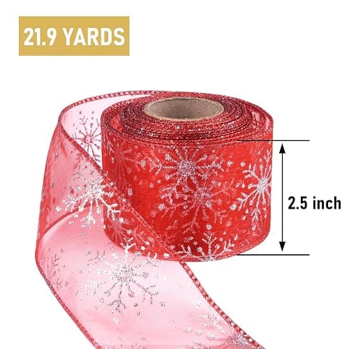 Livder 2.5 Inch Wide Christmas Wired Ribbon Snowflake Organza Sheer Glitter Ribbon for Xmas Tree, Wreath, Party Decoration, Gift Wrapping (Red, 21.9 Yards) thumbnail 3