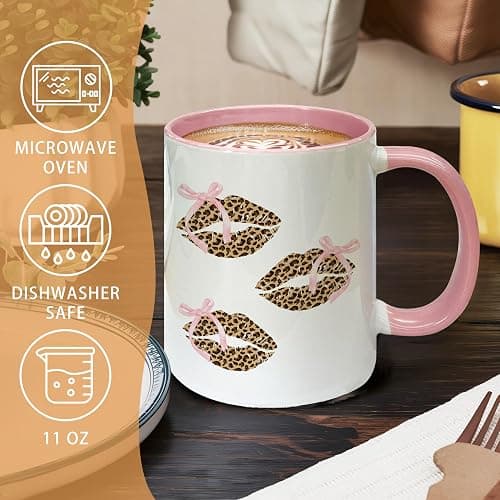 Foyoulame Pink Bow Leopard Print Lips Coffee Mugs, Leopard Cheetah Mug - Preppy Coquette Bow, Coffee Teacup, Preppy Girly Gift Mugs for Women Girls, Coquette Cheetah Print Lips Ceramic CoffeeMug 11oz thumbnail 5