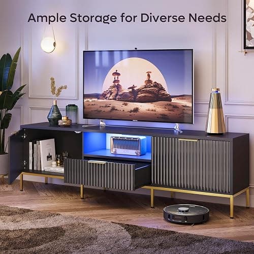 Bestier 70” Fluted TV Stand with LED Lights, Black TV Stand for TVs Up to 80", Modern Entertainment Center with Storage, TV Console, Media Console for Living Room Bedroom thumbnail 3