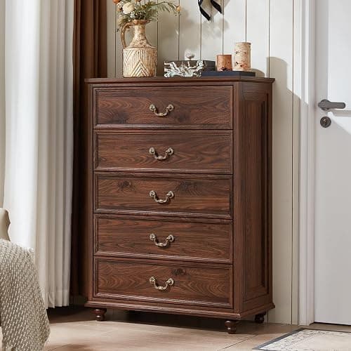 Joaxswe Farmhouse 5 Drawer Dresser for Bedroom, 45" Tall Rustic Chests of Drawers w/ 4 Solid Wood Feet, Mid Century Modern Wooden Closet Storage Dressers Organizer for Living Room, Hallway, Brown thumbnail 9