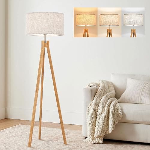 ELYONA Nordic Wood Tripod Floor Lamp, Modern Reading Standing Lamp for Living Room 3 Color Temperatures LED Bulb Included Flaxen Lamp Shade, Boho Natural Wooden floor lamp for Bedroom Office Kids Room thumbnail 7