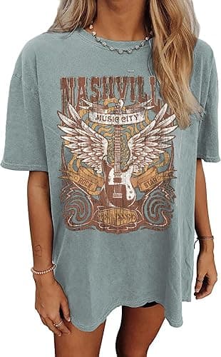 Oversized Rock Band T-Shirt Women Country Music Shirt Tops Nashville Music City Tshirt Vintage Guitar Wings Graphic Tees - Image 1
