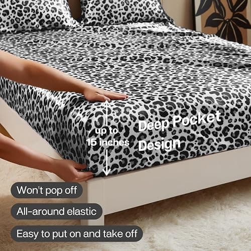 MR&HM Satin Fitted Sheet Full Size, Elastic Corner Straps, White Leopard | 15" Deep Pocket, Secure Fit, No Slipping or Bunching, Silk-Like Feel, Cooling & Breathable, Gentle on Hair & Skin, 1 Pc thumbnail 5
