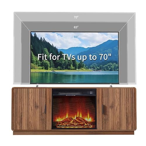 BERRYMERRY 60inch Fireplace TV Stand with 23" Electric Fireplace Heater,Mid Century Modern Fluted Entertainment Center for TVs Up to 75" for Living Room, Bedroom (Brown with Fireplace) thumbnail 5