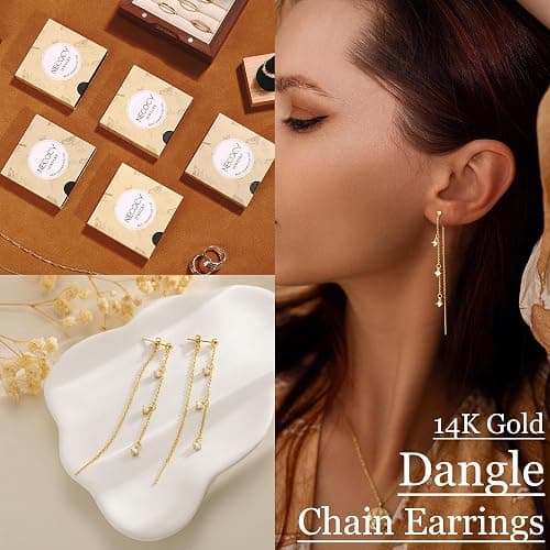 NECOCY Gold Dangle Earrings for Women Non Tarnish 14K Gold Plated Drop Wedding Hypallergenic Earring Dainty Long Hanging Chain CZ Pearl Threader Earrings Trendy Silver Plated Jewelry for Women thumbnail 5