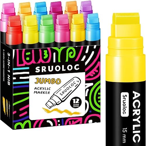 SRUOLOC 12 Neon Colors Jumbo Markers, 15mm Jumbo Felt Tip, Acrylic Paint Markers for Rock Painting, Poster, Stone, Ceramic, Glass, Wood, Canvas - Image 1
