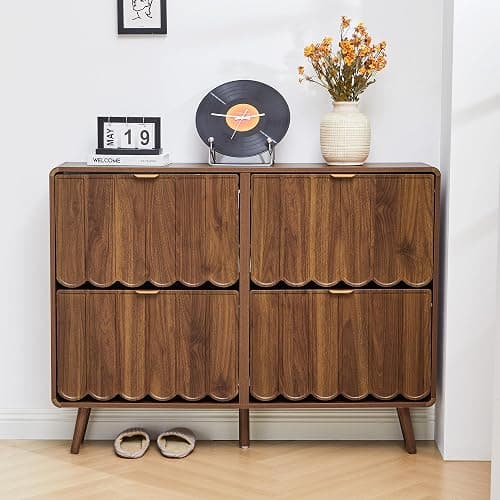ORRD Shoe Storage Cabinet for Entryway with 4 Flip Drawers, Freestanding Narrow Wood Shoe Cabinet with Wave Panel, Hidden Shoe Organizer for Foyer, Hallway (Walnut) thumbnail 8