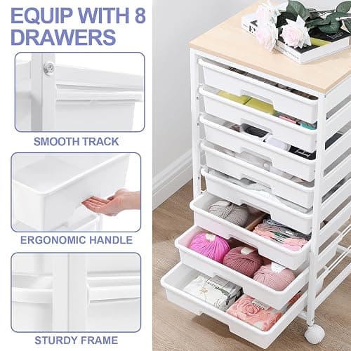 SYKIARIOL Rolling Storage Cart with Drawers,Utility Cart With 8 Drawers and Wooden Tabletop,Rolling Drawer Cart,Storage Drawer Cart for Living Room,Classroom,Bedroom,Bathroom,Dorm,Office,White thumbnail 3