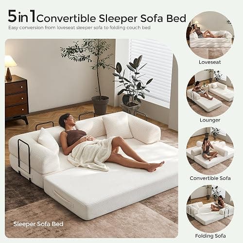 SAVENICA 79" Corduroy Floor Sofa Bed, Convertible Modular Sleeper Sofa, Removable Parts Design, Comfortable Seating and Sleeping, for Family Use, Relaxation Area (Beige White) thumbnail 5