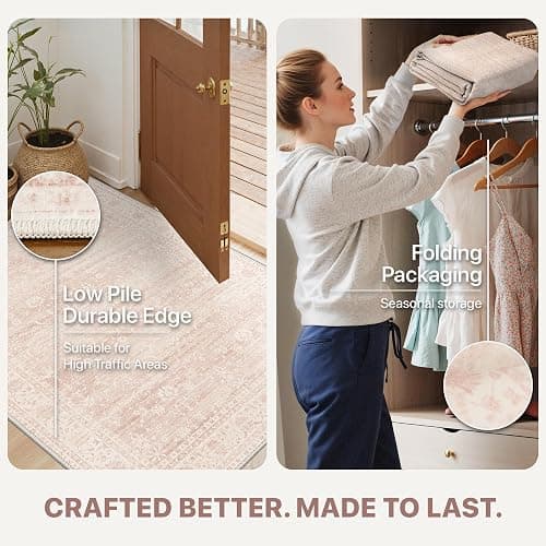 BESBLEE 5x7 Area Rugs for Living Room, Machine Washable Rug, Non Slip Vintage Rugs, Low Pile Lightweight Print Rug for Bedroom, Dining Room, Home Office, Pink thumbnail 7