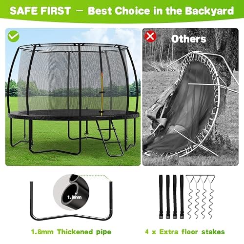 Trampoline 10FT 12FT 14FT with Enclosure and Ladder, ASTM Approved Recreational Trampolines for Kid and Adult, Outdoor Trampolines with Socks, Dart Board, Basketball Hoop for Trampoline Black thumbnail 5