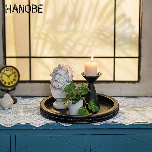Hanobe Decorative Serving Tray Wood: Black Bead Round Tray for Coffee Table Rustic Wooden Trays Decor Farmhouse Kitchen Counter Circle Tray Vintage Centerpiece for Living Room Home Organizer thumbnail 4