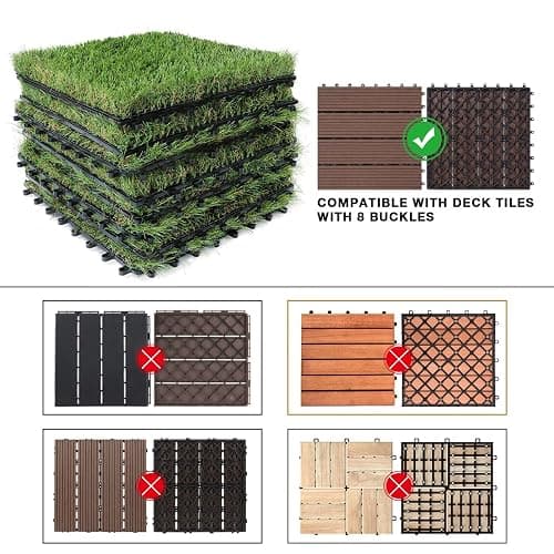 XLX TURF Artificial Grass Turf Tiles Interlocking Set 6 Pieces, Square Fake Grass Tiles Self-draining for Pet Indoor/Outdoor Flooring Decor, 12"x12", 8 Buckle Systerm thumbnail 5