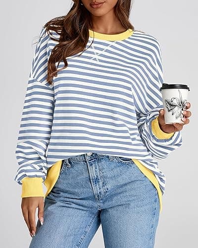 BTFBM Womens Oversized Striped Sweatshirt Crewneck Long Sleeve Pullover Top Casual Y2K Fall Clothes 2025 Workout Shirt - Blue Beige White - Medium thumbnail 6