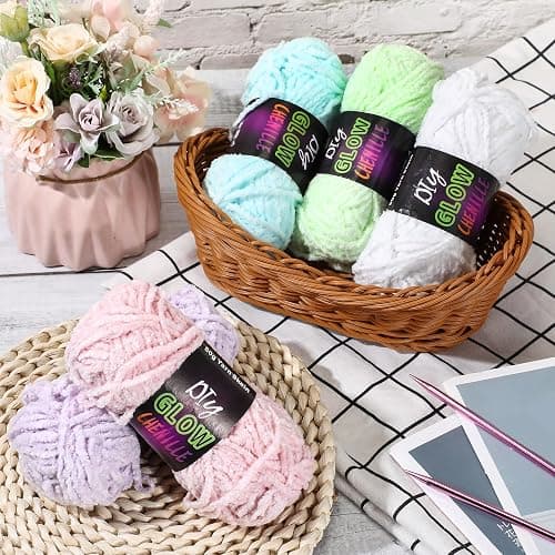Fanfanwin 5 Rolls Glow in The Dark Chenille Yarn Luminous Crochet Fancy Yarn Glow Sewing Craft for DIY Arts Winter Christmas Knitting Crocheting Supplies 76.5 Yard Per Roll(Fresh Colors) thumbnail 2