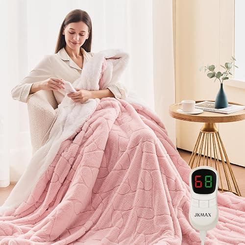 Heated Electric Blanket- Electric Throw Blanket 100"x90" for Bed- 5 Heating Levels& 4 Hours Auto Off for Home Office - Soft Faux Fur for Full Body(Pink) - Image 1