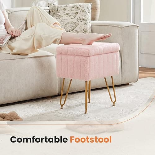 Sweetcrispy Vanity Stool Chair with Storage, 18.9”H x 16”L x 12.2”W Ottoman Chair Faux Fur Soft Padded Makeup Footstools Seat with 4 Metal Legs Anti-Slip Adjustable Feet for Make Up, Pastel-Pink thumbnail 6