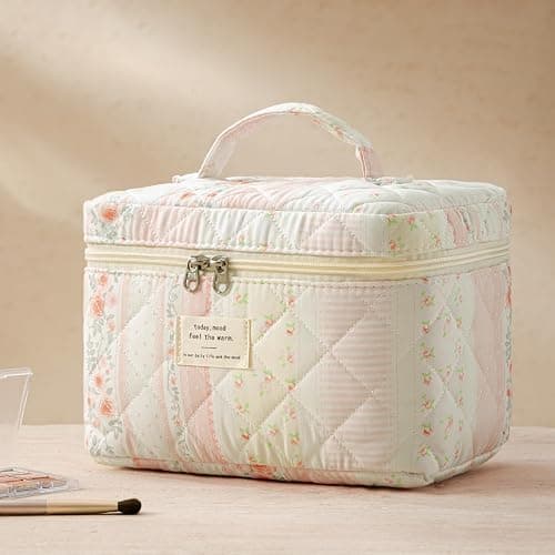 ⭐️HBselect Quilted Makeup Bag, 3Pcs Cotton Large Travel Makeup Bags Organizer | Cute Floral Make up Bag Cosmetic Bag Toiletry Bag for Women Girls, Makeup Pouch for Skincare, Brushes & Travel Essentials thumbnail 5