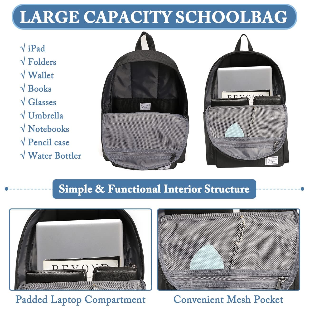 KASQO School Backpack, Lightweight Water Resistant Backpack for Men Women Classic Schoolbag Kids Bookbag 17.8L Daypack Travel Rucksack Bag for Teens College, Camping, Work thumbnail 3