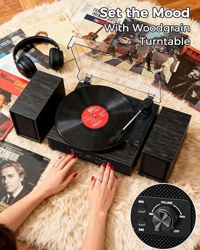 Vinyl Record Player with 4+2 External Stereo Speakers Bluetooth 3-Speed Belt Drive Turntable for Vinyl Records Two Speakers USB/SD Recording RCA Headphone Out& AUX-in, Vintage Black Wood thumbnail 7