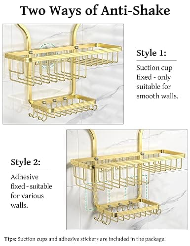 YASONIC Never Rust Shower Caddy Hanging Organizer - Aluminum Over-the-Showerhead Rack With 10 Hooks for Razor/Sponge and Soap Basket - Gold thumbnail 7