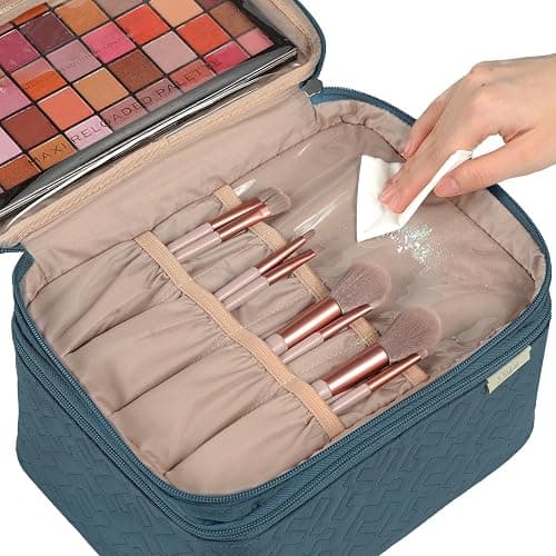 NISHEL Large Double Layer Travel Makeup Bag Women, Cosmetic Case, Organizer for Travel-Size Accessories Bottles, Brushes, Conditioner, and Skin Care Products, Lake Blue thumbnail 4