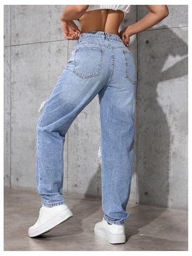 Floerns Women's High Waisted Distressed Jeans Straight Leg Casual Ripped Denim Pants thumbnail 3