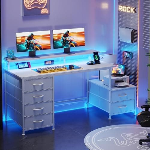Flrrtenv Computer Desk with 6 Fabric Drawers, 39in Gaming Desk with Power Outlets & Fabric File Cabinet, Home Office Desk with Full Monitor Stand and Shelf, Study Writing Desk for Bedroom, White thumbnail 5