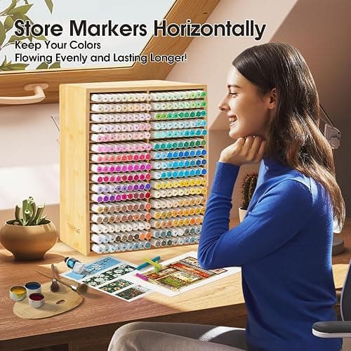 TIKSPCAE Marker Organizer for 288 Markers,Bamboo Wooden Desk Storage Organizer Rack,Markers Pens Pencils Art Brushes Storage Holder for Home Classroom Office Decor thumbnail 5