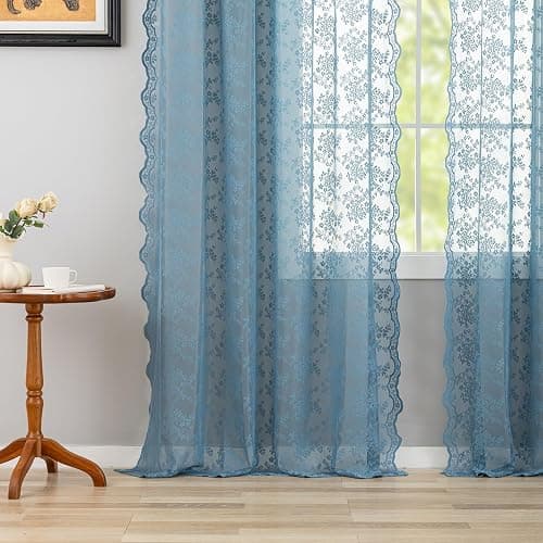 YJ YANJUN Vintage Lace Curtains 84 Inch Length-Dusty Blue Floral Sheer Curtains for Bedroom Living Room Hallway Doorways 2 Panels Set Beach Coastal Decor Rod Pocket W52 X L84 inch Stone Blue thumbnail 5