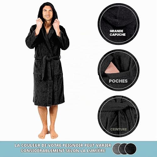 Twinzen Peignoir de Bain Homme - 100% Coton avec Capuche - Certifié Oeko-TEX® - Robe de Chambre Eponge 2 Poches, Ceinture - Doux, Absorbant et Confort thumbnail 3