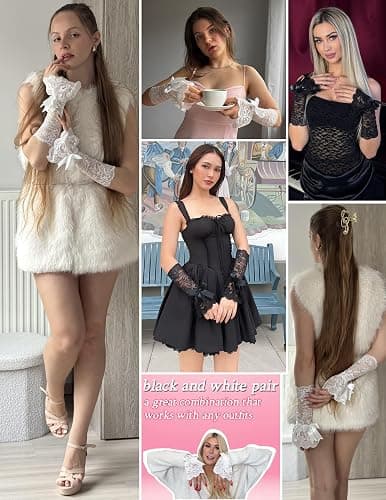 Avidlove Women Ruffle Bow Lace Gloves Fingerless Mid Elbow Sleeve Costume Wedding Opera Tea Party Prom Cosplay Gothic thumbnail 6