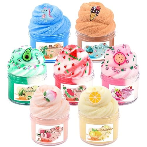 7 Pack Mini Cloud Slime Kit,With Peach Watermelon Avocado Dinosaur Slimes Charms Set,Fluffy Slime for Girls and Boys,Stress Relief Toy for Kids Education,Party Favor,Gift and Birthday - Image 1