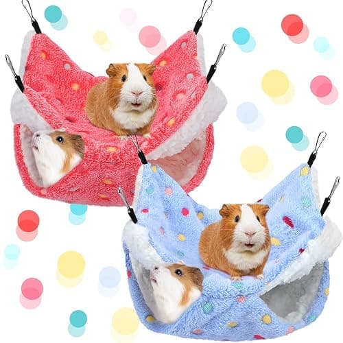 BOAO 2 Pcs Guinea Pig Rat Hammock Guinea Pig Hamster Ferret Hanging Hammock Accessories for Small Animals Chinchilla Parrot Sugar Glider Ferret Squirrel (Hot Pink,Blue,Dot Pattern) - Image 1