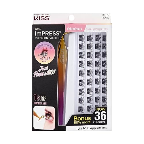 KISS imPRESS Falsies Self Adhesive Eyelashes, Press On Lashes, 12mm-14mm Glam Volume Lashes, Black, No Glue Needed, Invisible Band, 36 Lash Clusters & Non-Stick Applicator - Voluminous - Image 1
