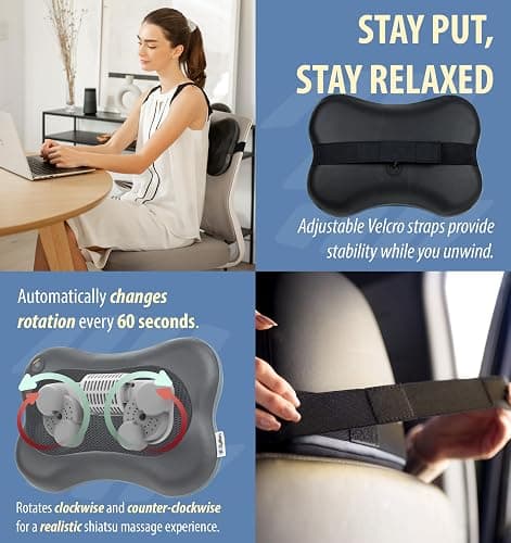 Zyllion Shiatsu Back and Neck Massager with Heat - 3D Electric Kneading Deep Tissue Massage Pillow for Muscle Pain Relief, Black, ZMA-13 thumbnail 5
