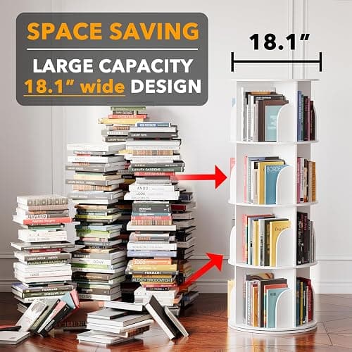 SpaceAid 4 Tier Rotating Bookshelf Tower, Spinning Bookcase Lazy Susan, Revolving 360 Book Shelf Storage Round Carousel, Vertical Rotate Turning Spiral Corner Organizer, White thumbnail 3