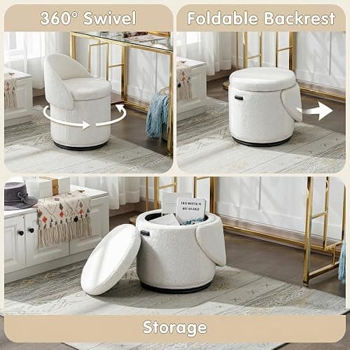 LukeAlon Sherpa Makeup Ottoman with Storage, Upholstered 360° Swivel Vanity Stool with Foldable Backrest Modern Cylindrical Footrest Stool for Living Room Bedroom, White thumbnail 5