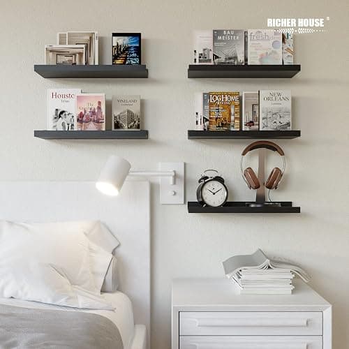 RICHER HOUSE 5 Set Floating Wall Mounted Shelves, Black Shelves for Wall Decor, Modern Picture Ledge Shelf with Lip for Storage, Nursery, Bedroom, Living Room, Bathroom - Black thumbnail 5