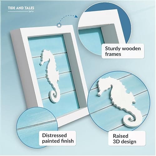 Tide and Tales Coastal Wall Art (Framed Set of 4) Beach Bathroom Wall Decor with Starfish, Seahorse, Sand Dollar and Coral - Ocean Theme Turquoise Room Decor - Seashell Beach Decorations for Home 7" x 7" thumbnail 6