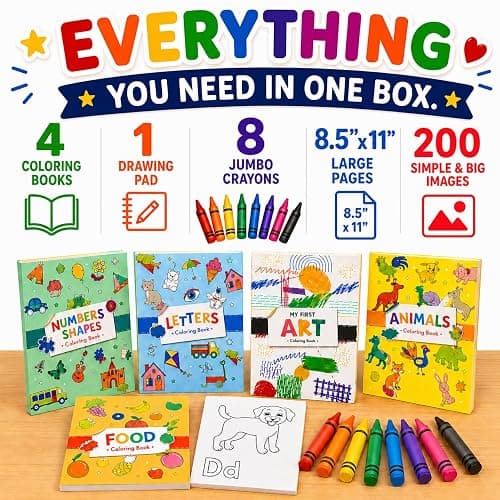 Coloring Books for Toddlers 1-3 with Large Pages & Crayons for Toddlers 1-3, Boys Coloring Book Set Featuring Letters, Numbers, Shapes, Animals & Food Activities, 2 Year Old Workbook Set in Blue Box thumbnail 2