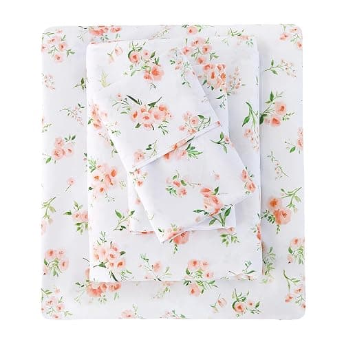 Viviland Floral Twin Sheet Set - 3 Piece Vintage Pink Flower and Leaves Patterned Bed Sheets - Soft, Breathable Microfiber Sheets with Deep Pocket, Non-Slip Fitted Sheets & Pillowcases - Image 1