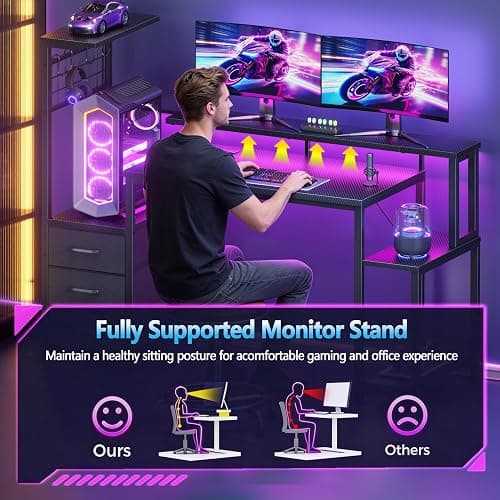 Korfile 48 Inch Gaming Desk with LED Lights & Power Outlets,Computer Desk with Fabric Drawers & Side Hook,Reversible Gamer Table with Monitor Stand for Game Room,Home Office,Carbon Fiber Black thumbnail 9