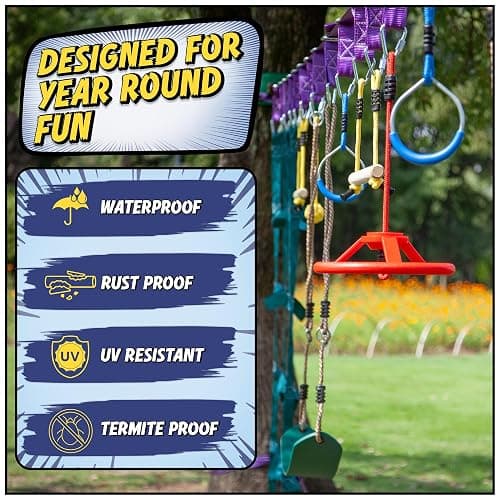 Ninja Warrior Obstacle Course for Kids Workout Equipment, 2 x 55ft Slacklines with 10 Weatherproof & Durable Ninja Kids Toys - Ninja Course for Kids Outside , Kids Obstacle Course Backyard thumbnail 7