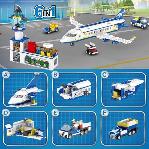 WinGift 880 Pcs City Airport Passenger Terminal Building Set, 6 IN 1 Airplane Building Blocks Toy, STEM Aircraft Bricks with Shuttle Bus,Luggage Cart,Planes Model Toys Gifts for Adults Boys Ages 6-12+ thumbnail 4