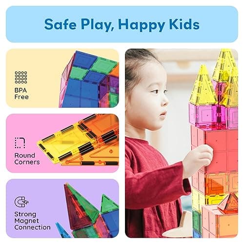 PicassoTiles Magnetic Tiles 60pcs Kids Toys Classroom Sensory Toy for Toddlers STEM Learning Building Blocks, Montessori Pretend Play Magnet Tile Construction Stacking Block Boys Girls Ages 3+ PT60 thumbnail 5