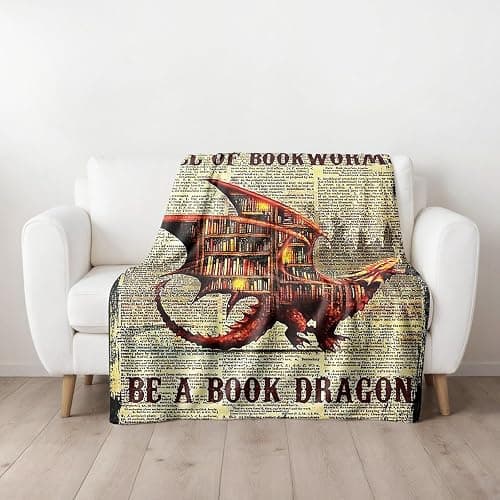 Book Dragon Fleece Blanket Cozy Throw for Book Lovers, Vintage Dragon Design on Text Background, Warm and Soft Reading Blanket for Home, Couch, or Bed (L80 xW60) thumbnail 2