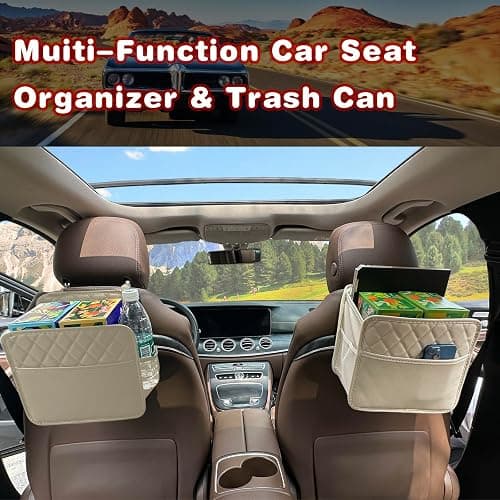 Witaxima Upgrade Car Seat Organizer Backseat with Storage Pockets, Multipurpose Car Organizer Hanging, Car Trash Bag Can,Premium PU Leather Garbage Can 2.14 Gallon Large Capacity Accessories Beige thumbnail 7