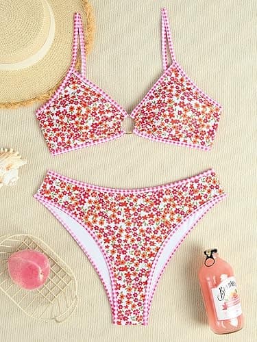 Tainehs Women's Two Piece Bikini Sets O Ring Front Top Ditsy Floral Triangle Swimsuits Cheeky Bathing Suit thumbnail 4