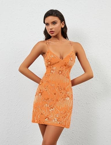 Fameetor Women Sequin Mini Dress Sleeveless Deep V Neck Backless Sparkly Glitter Rhinestone Beaded Party Y2K Cami Dresses thumbnail 2
